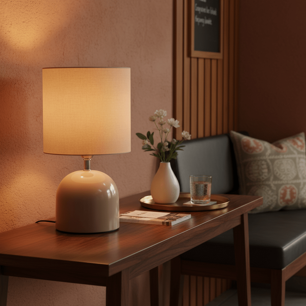 Beige metal table lamp with fabric shade on a wooden side table, surrounded by decor items.