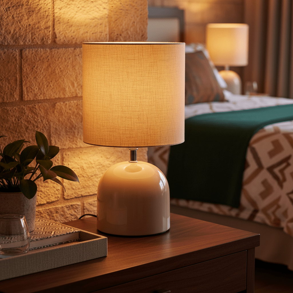 Beige metal table lamp with fabric shade on a wooden bedside table, warm light illuminating a cozy bedroom.