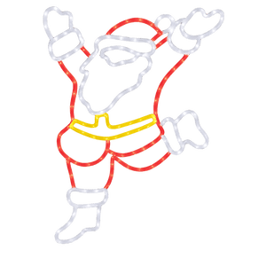 A colorful LED outline of a jumping Santa Claus, featuring red, white, and yellow lights on a black background.