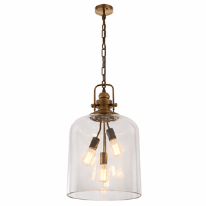 Vintage-style pendant light with clear glass shade and brass fixture on a white background