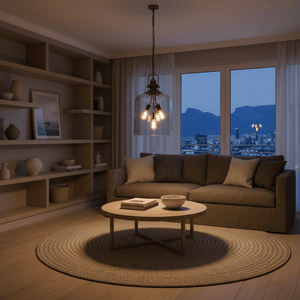 Satin brass pendant light with amber glass shades hanging above a cozy lounge area with a view.