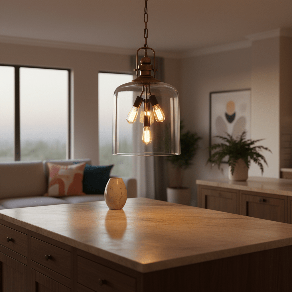 Satin brass pendant light with amber glass shades hanging over a kitchen island, softly illuminating the space.