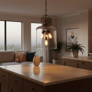 Satin brass pendant light with amber glass shades hanging over a kitchen island, softly illuminating the space.