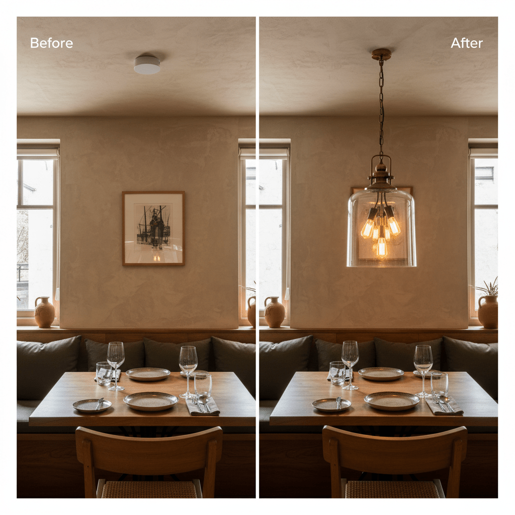 A dining area showcasing a before-and-after lighting transformation with a satin brass pendant light.