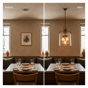A dining area showcasing a before-and-after lighting transformation with a satin brass pendant light.
