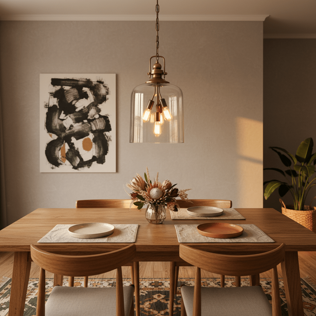 Satin brass pendant light with amber glass shades hanging over a wooden dining table with floral centerpiece.