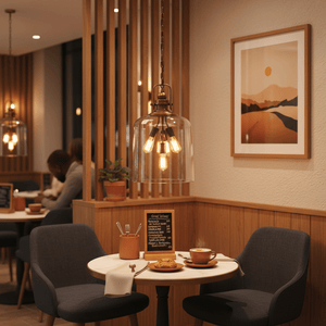 Satin brass pendant light with amber glass shades hanging above a cozy café table setting.