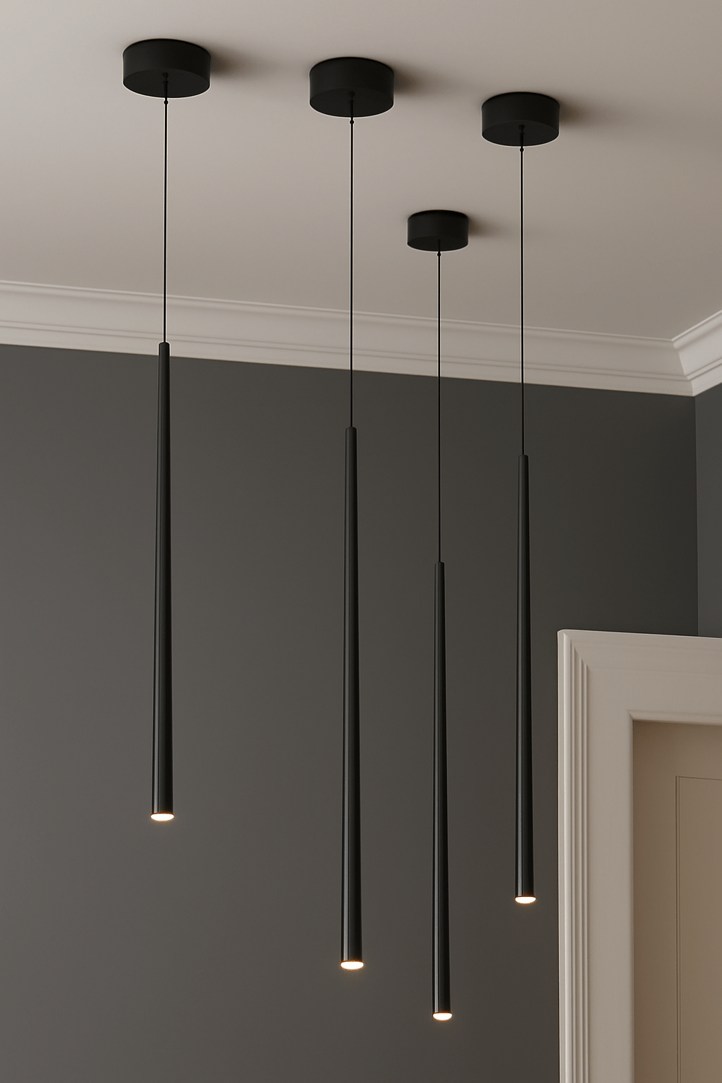 Four sleek black baton pendant lights hanging from the ceiling, illuminating a modern interior.
