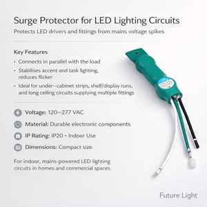 Surge protector for LED lighting circuits with features listed on a white background