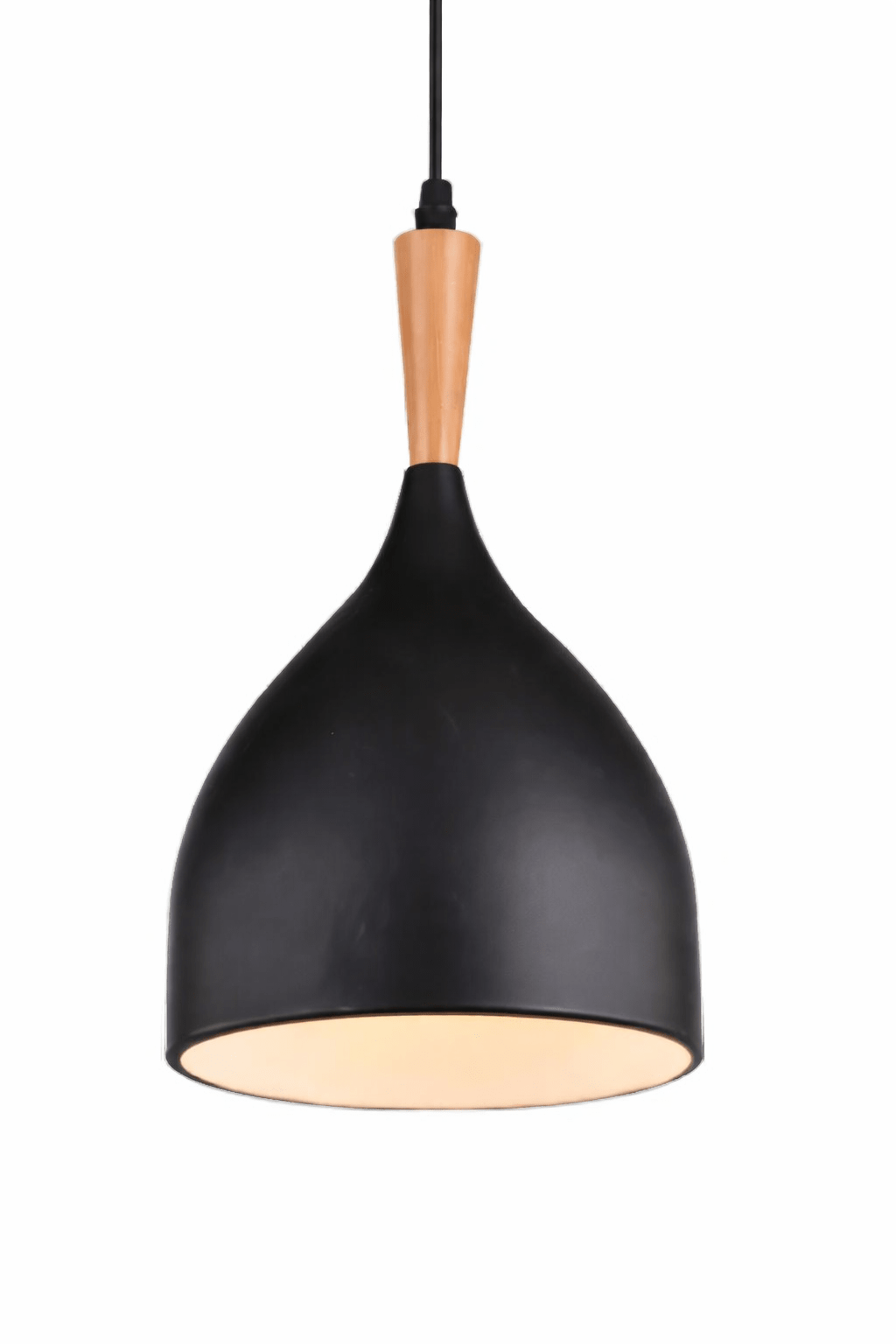 Black pendant light with wooden accent on a white background