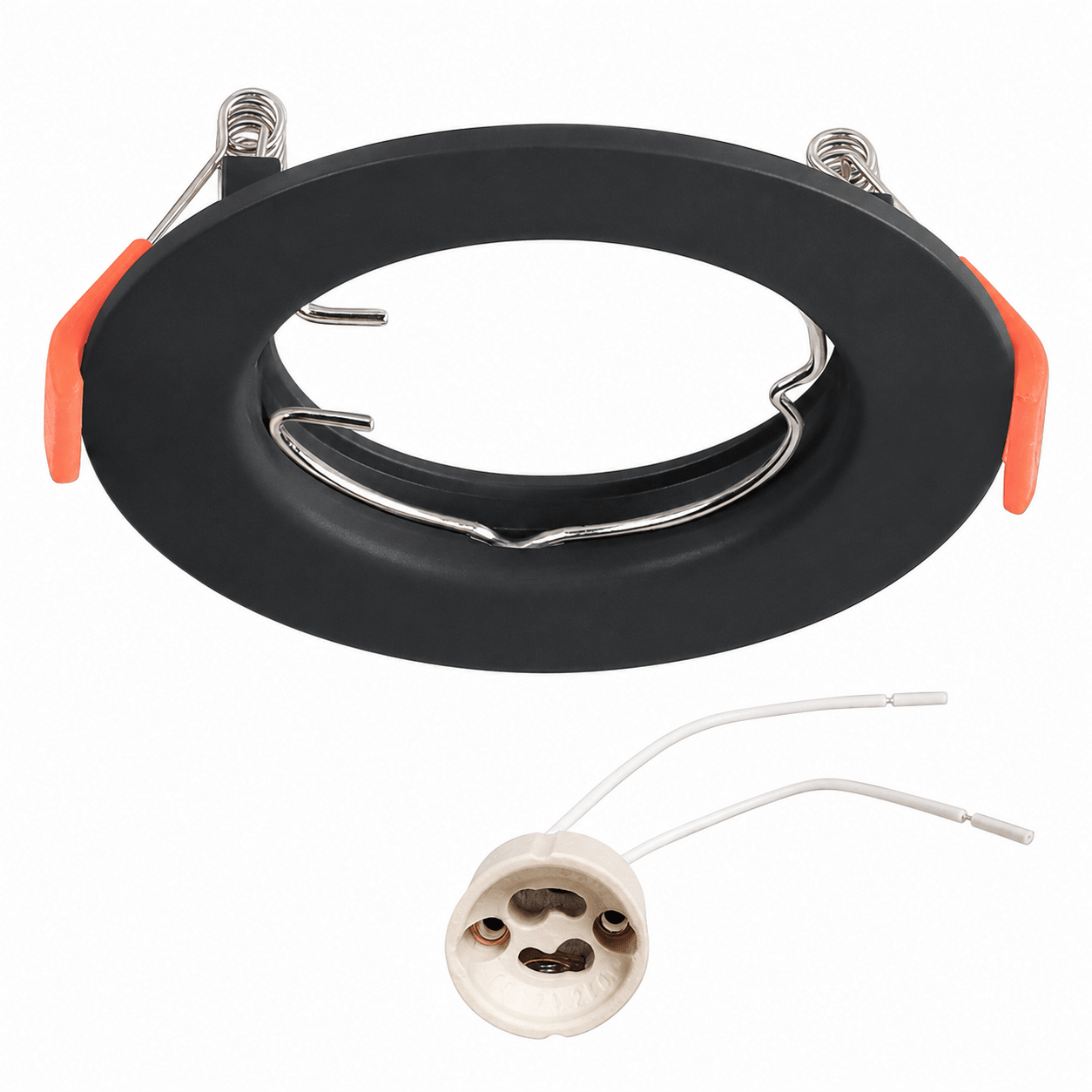 Black round downlight holder with clips and GU10 socket for LED bulbs.