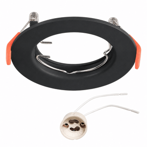 Black round downlight holder with clips and GU10 socket for LED bulbs.