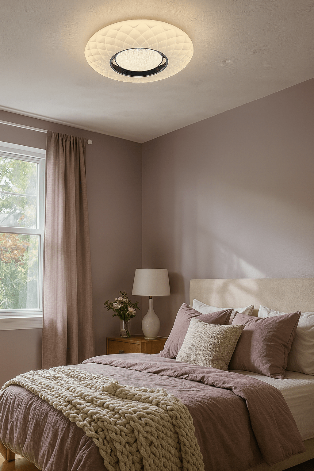 Acrylic Sun Crystal Ceiling Light illuminating a cozy bedroom with soft pink tones and textured bedding.
