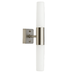 Satin chrome indoor wall light with white glass diffusers, mounted on a wall.