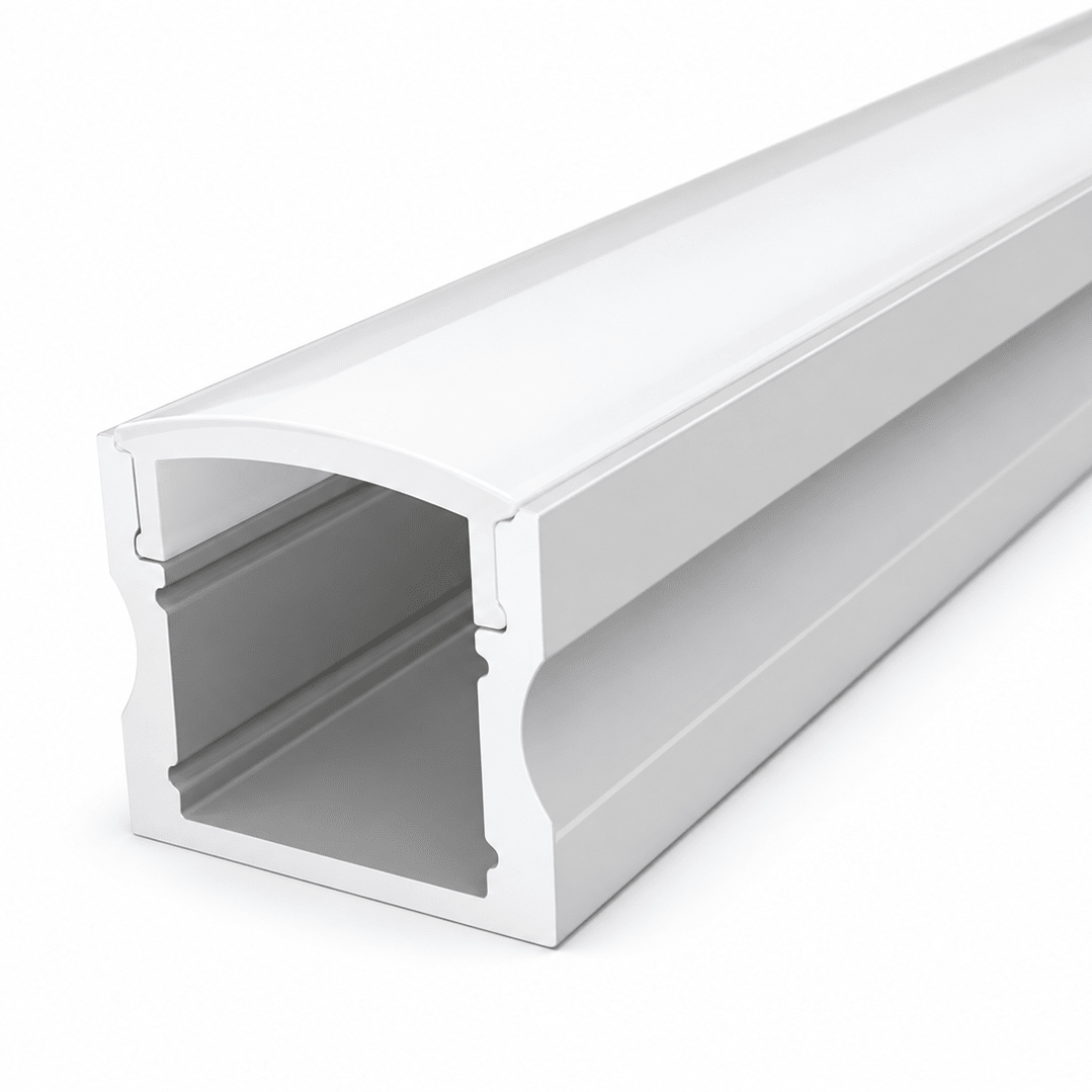 LED extrusion profile with opal cover for smooth light diffusion, ideal for under-cabinet lighting.