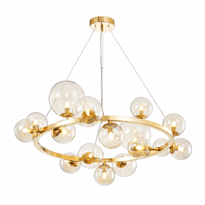 Gold chandelier with multiple glass bulbs on a white background