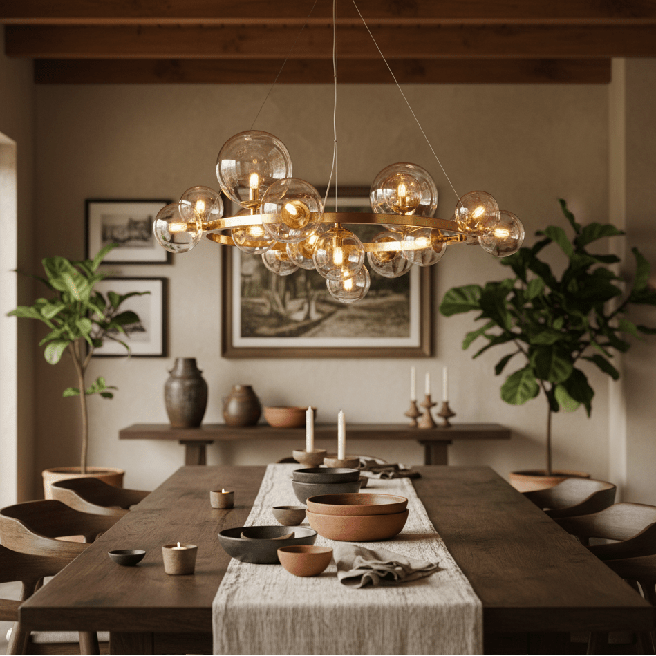 Stylish round pendant light with cognac glass bubbles above a wooden dining table set with bowls and candles.