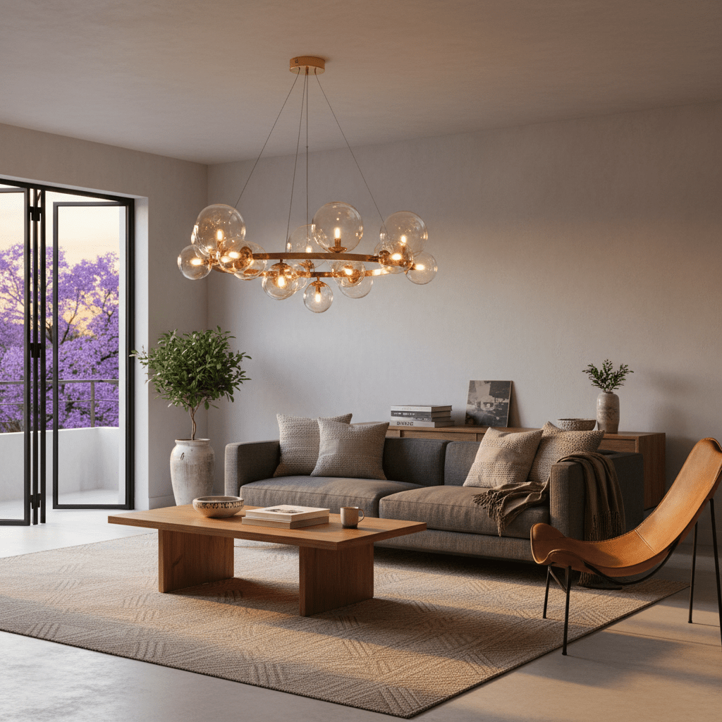Stylish living room featuring a round pendant light with cognac glass bubbles above a wooden coffee table.