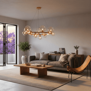 Stylish living room featuring a round pendant light with cognac glass bubbles above a wooden coffee table.