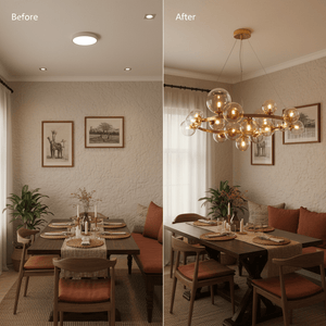 Before and after comparison of a dining area featuring a round pendant light with cognac glass bubbles.