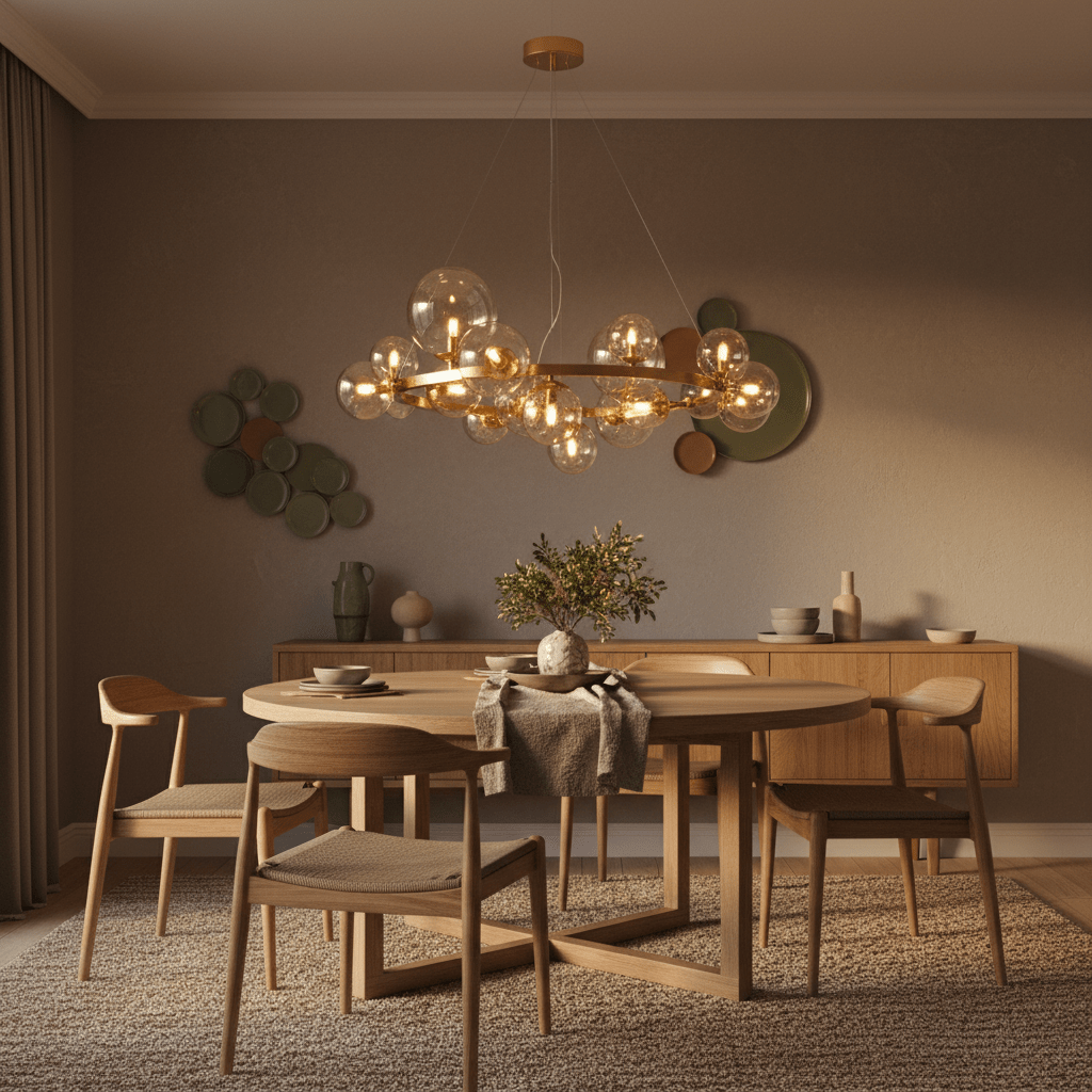 Stylish round pendant light with cognac glass bubbles above a wooden dining table in a modern setting.