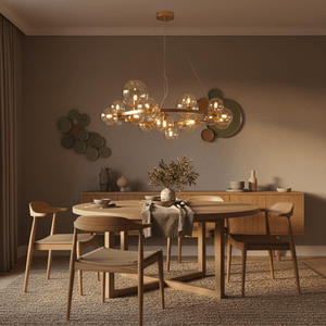 Stylish round pendant light with cognac glass bubbles above a wooden dining table in a modern setting.