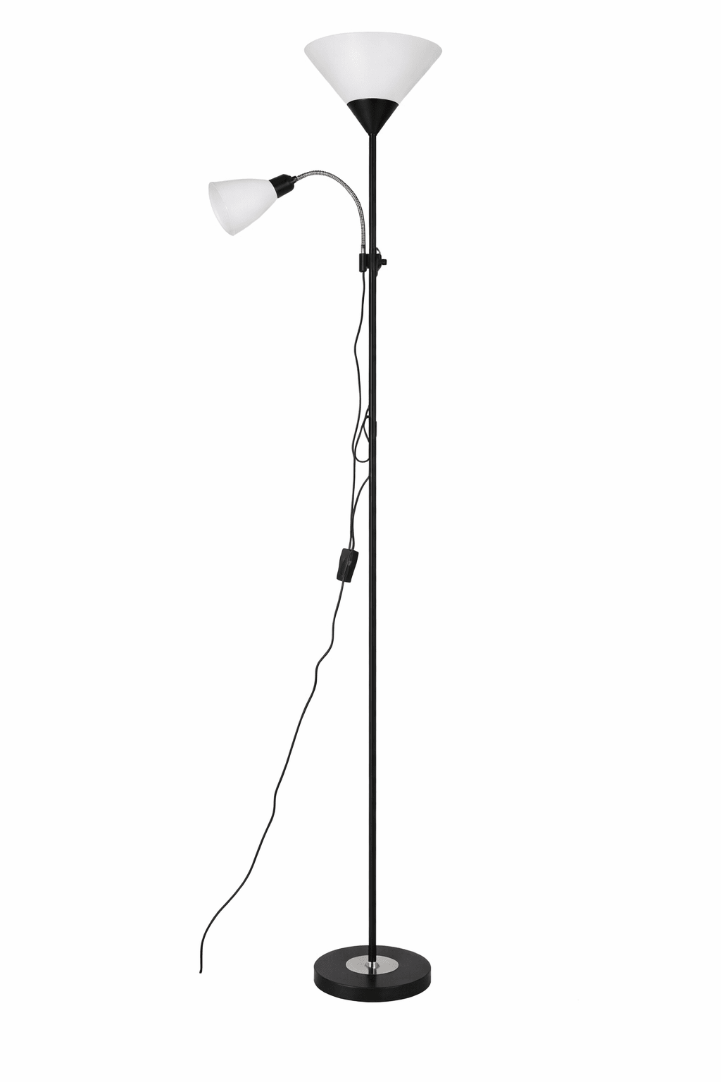 Black floor lamp with two white lampshades on a white background