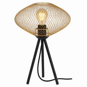 Gold mesh table lamp with a black base and tripod legs, showcasing a warm bulb inside.