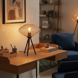 Slade Gold Mesh Table Lamp on a wooden desk, casting warm light with a textured shade, surrounded by decor.