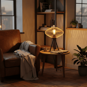 Slade Gold Mesh Table Lamp on a wooden side table beside a brown leather chair, creating a cozy ambiance.