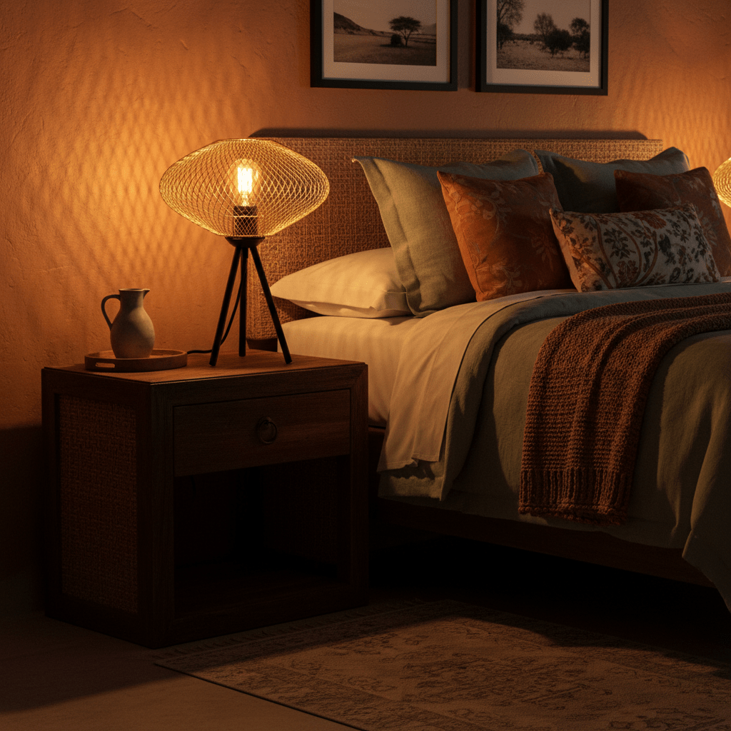 Slade Gold Mesh Table Lamp on a bedside table, casting a warm glow in a cozy bedroom setting.