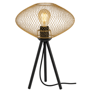 Gold mesh table lamp with a bulb, supported by three black legs and a visible power cord.