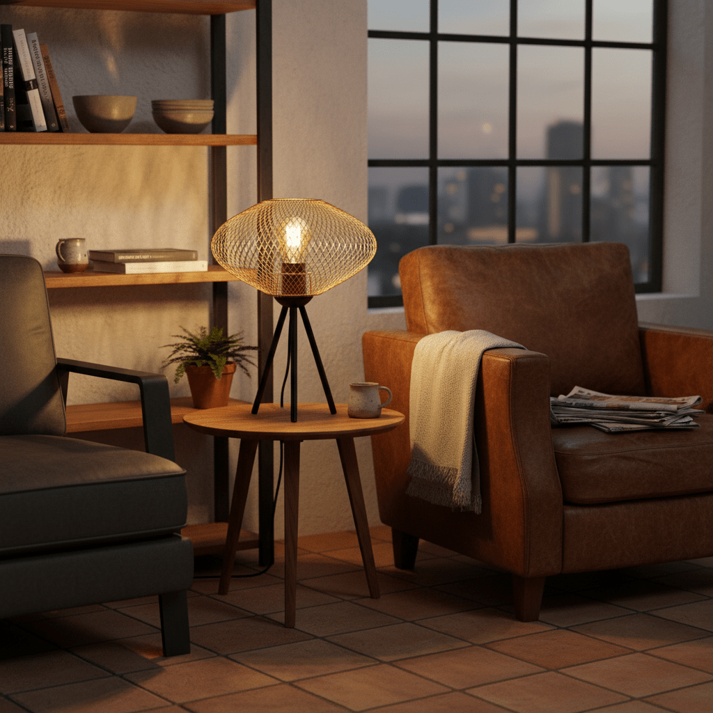 Slade Gold Mesh Table Lamp on a wooden side table beside a leather armchair, creating a cozy ambiance.