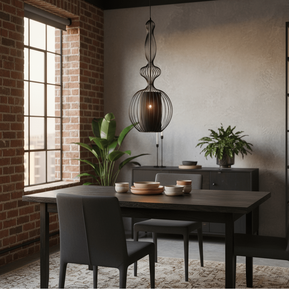 Tokyo 4 Black Wire Frame Pendant light hanging over a modern dining table with chairs and decorative bowls.