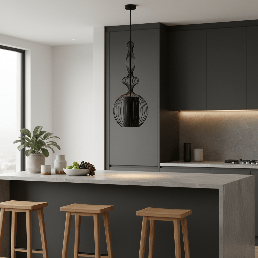 Tokyo 4 Black Wire Frame Pendant light hanging above a modern kitchen island with wooden stools.
