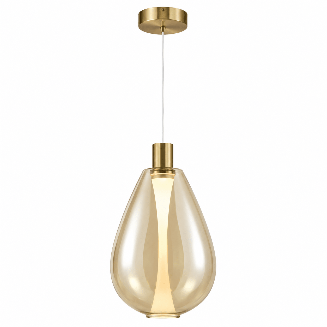 Contemporary amber glass pendant light with a sleek design and warm glow, ideal for dining or living spaces.