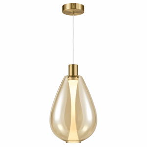 Contemporary amber glass pendant light with a sleek design and warm glow, ideal for dining or living spaces.