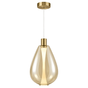 Amber glass pendant light with brass canopy and cord, illuminated interior, against green background