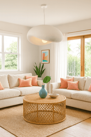 Ivory Drift 700 Pendant Light hanging above a cozy living room with beige sofas and a round rattan coffee table.