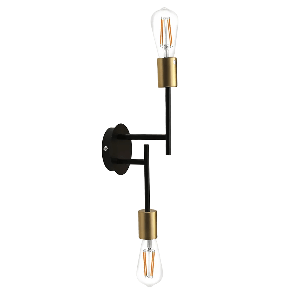 Two light bulbs mounted on a black wall plate, with gold accents and black metal arms extending outward.