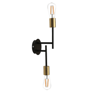 Two light bulbs mounted on a black wall plate, with gold accents and black metal arms extending outward.