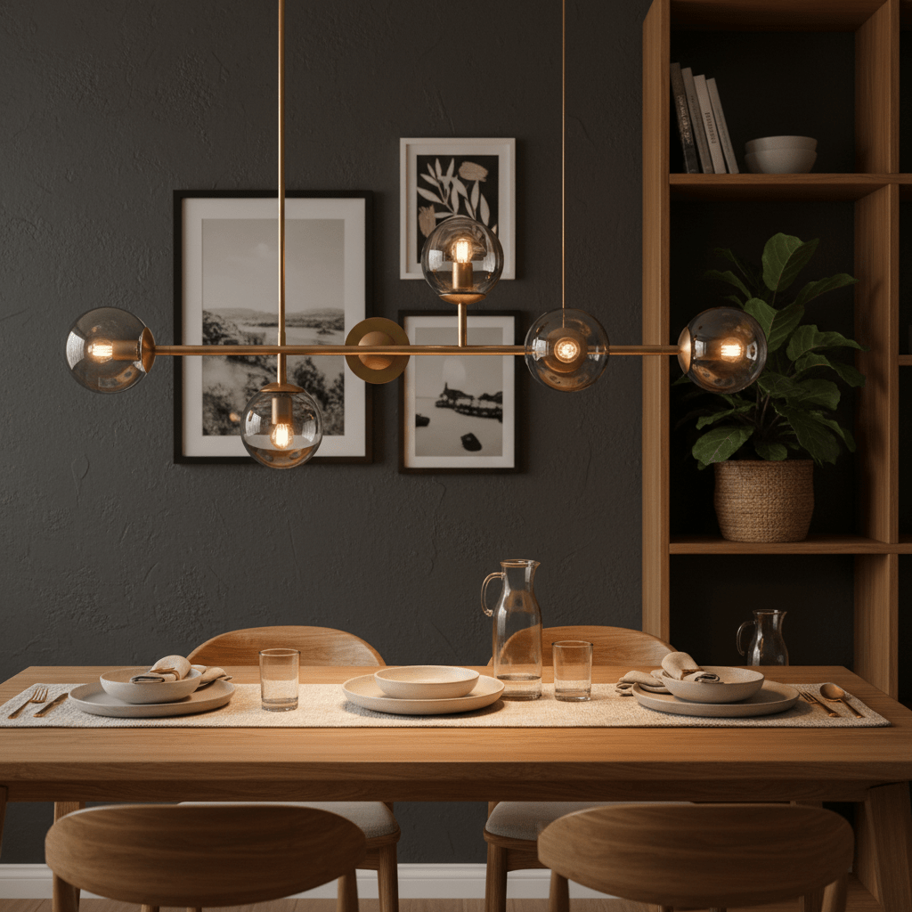 Satin gold chandelier with smoke glass shades above a dining table set for a meal.
