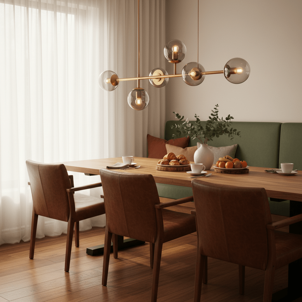 Satin gold chandelier with smoke glass shades above a wooden dining table set with food and drinks.
