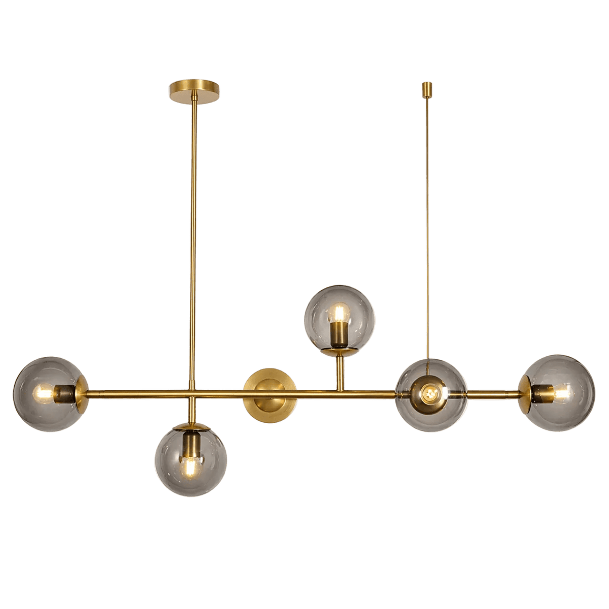 Satin gold chandelier with five smoke-colored glass globes, suspended from a central rod.