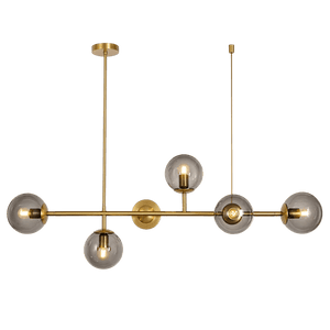 Satin gold chandelier with five smoke-colored glass globes, suspended from a central rod.