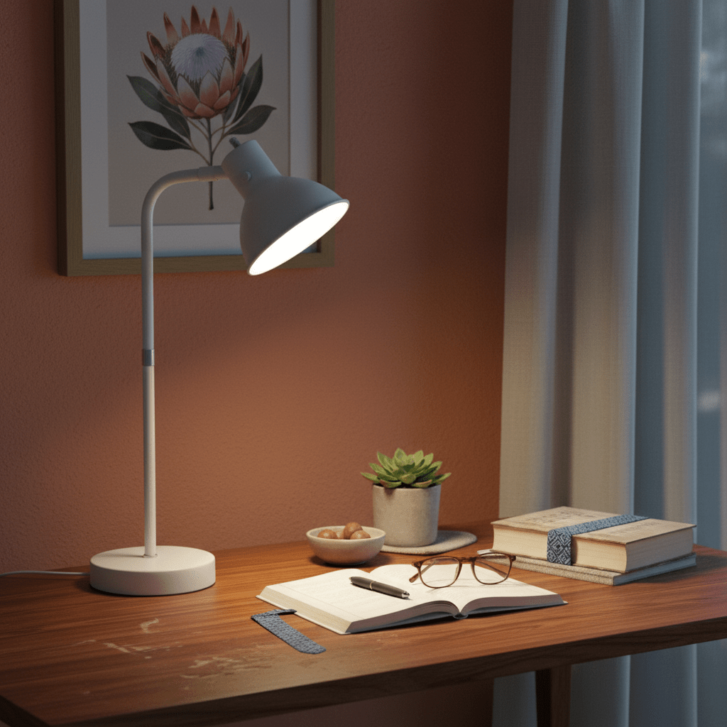 White metal desk lamp with rotatable head illuminating an open notebook on a wooden desk.