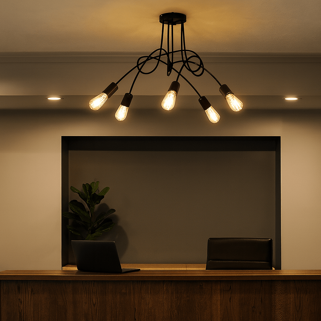 Modern chandelier with multiple light bulbs in a dimly lit room.