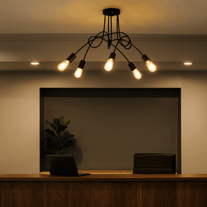 Modern chandelier with multiple light bulbs in a dimly lit room.