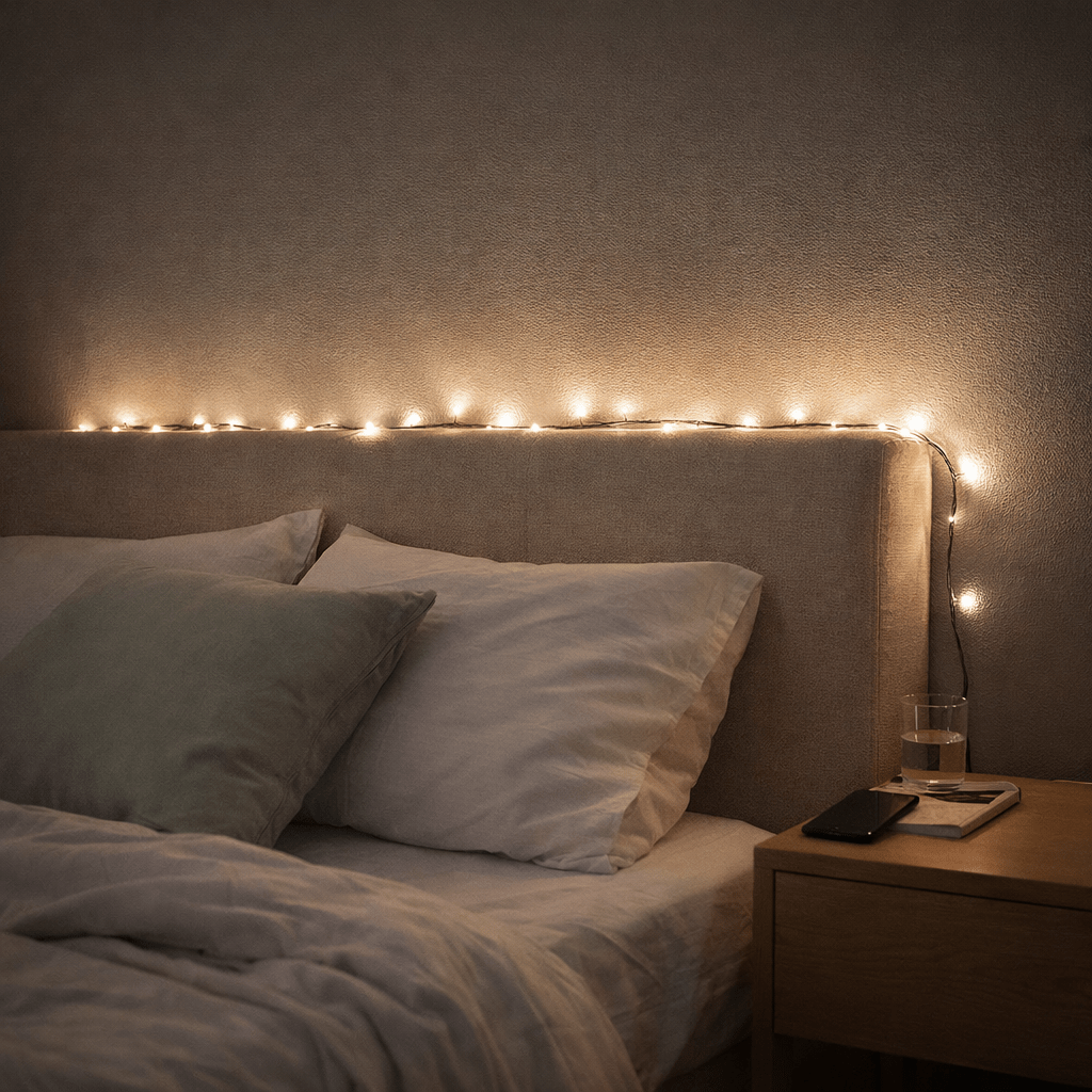 Bed with string lights along the headboard in a dimly lit room