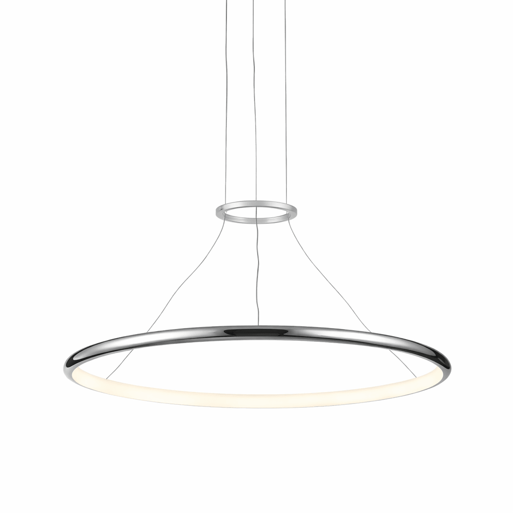 Modern pendant light with a circular design on a white background